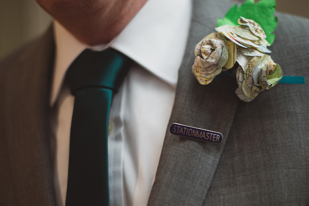 Paper Flower Buttonhole Groom Book Literature Buckinghamshire Railway Centre Wedding Sasha Weddings