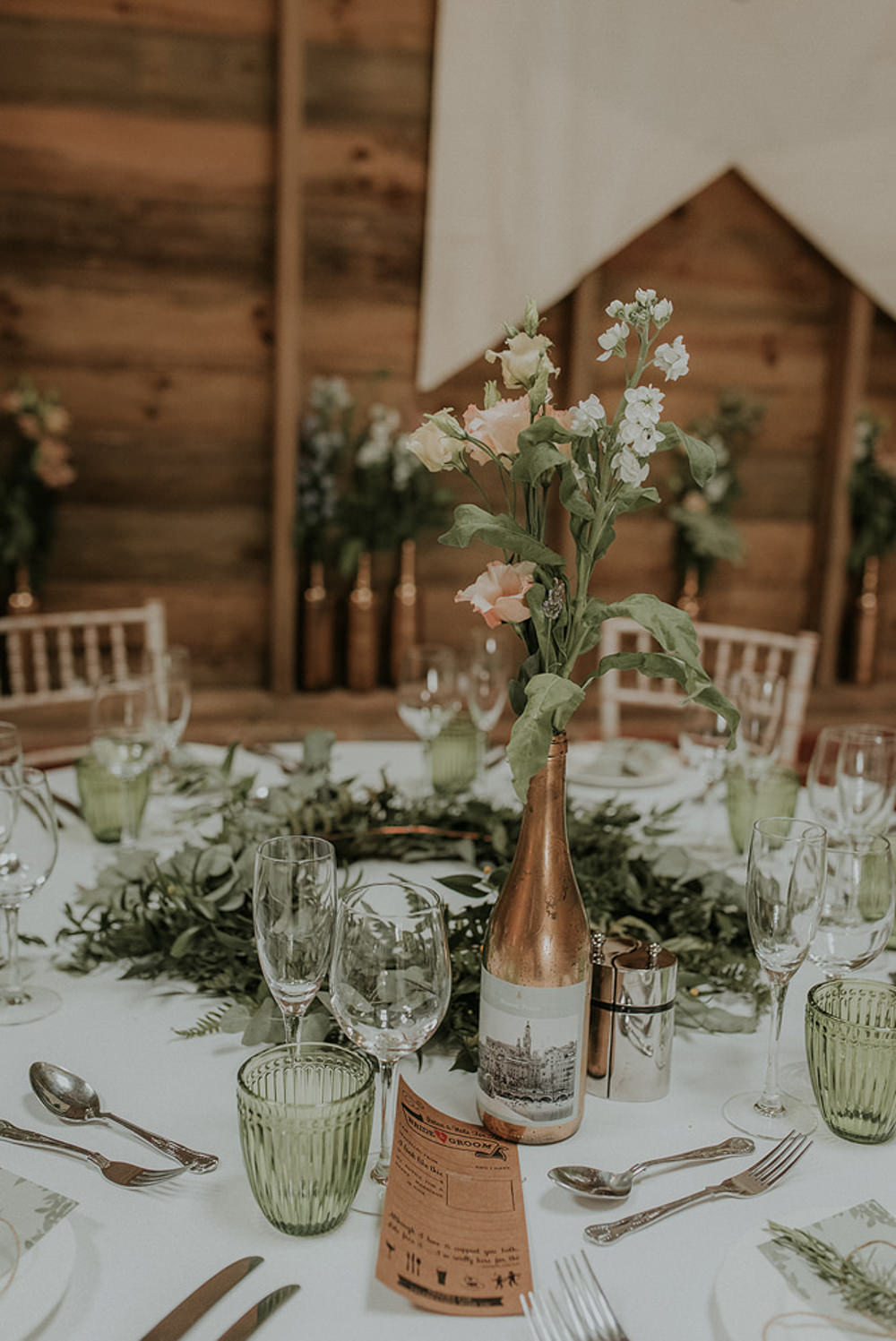 Table Centrepiece Decor Decoration Flowers Bottles Gold Greenery Hoop Wreath Captains Wood Barn Wedding Megan Elle Photography