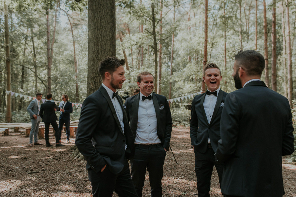 Groom Groomsmen Suit Tux Navy Black Bow Tie Captains Wood Barn Wedding Megan Elle Photography