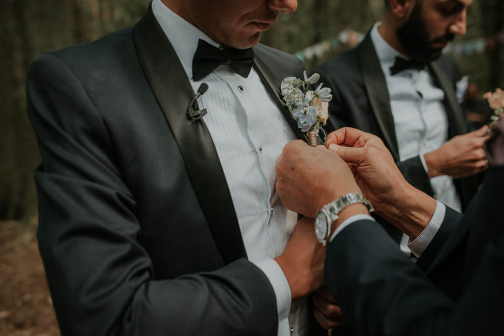 Groom Groomsmen Suit Tux Navy Black Bow Tie Buttonhole Flowers Captains Wood Barn Wedding Megan Elle Photography