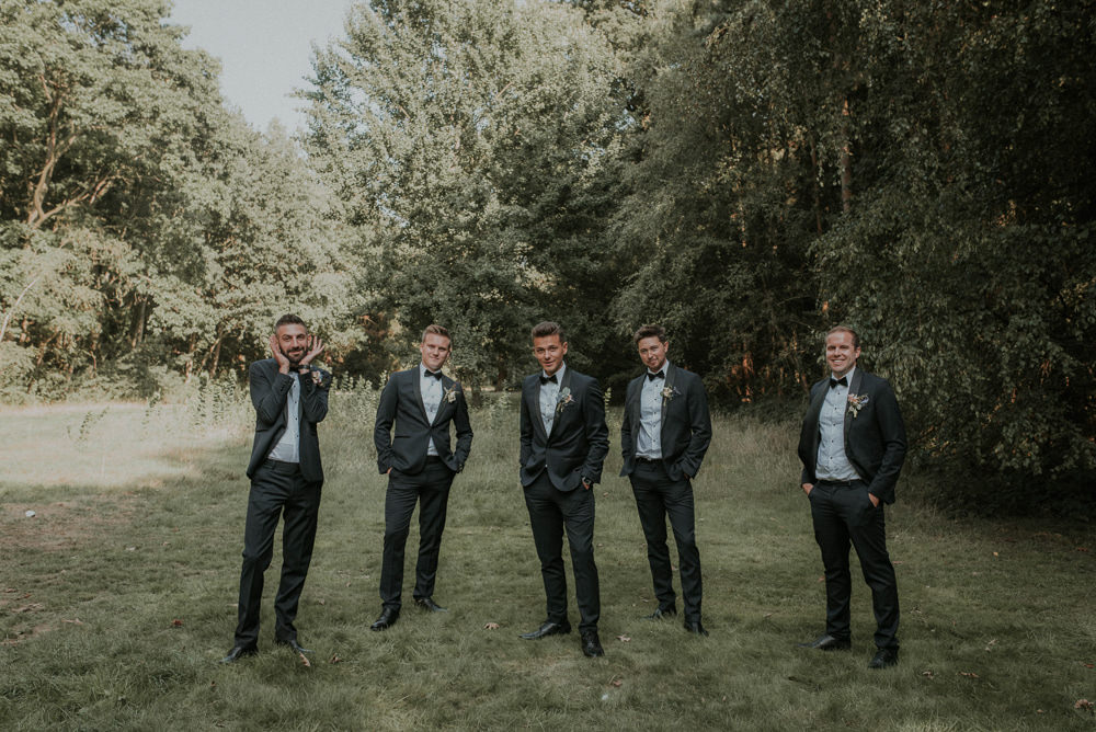 Groom Groomsmen Suit Tux Navy Black Bow Tie Captains Wood Barn Wedding Megan Elle Photography