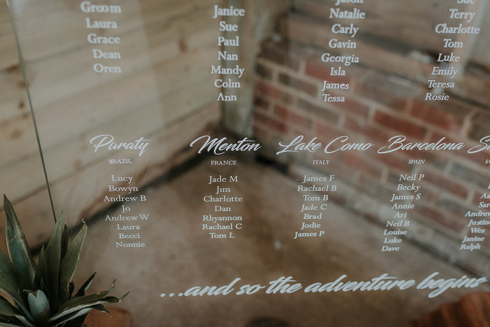 Clear Acrylic Perspex Sign Signage Seating Plan Table Chart Calligraphy Captains Wood Barn Wedding Megan Elle Photography