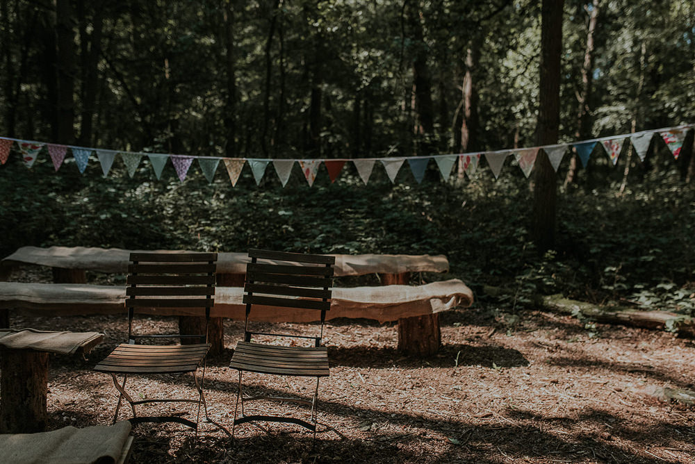 Woodland Ceremony Seating Bunting Captains Wood Barn Wedding Megan Elle Photography