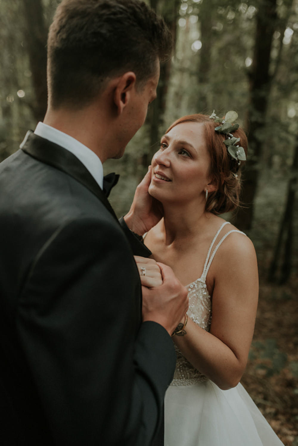 Bride Bridal Make Up Flower Crown Wreath Eucalyptus Hair Up Do Style Captains Wood Barn Wedding Megan Elle Photography