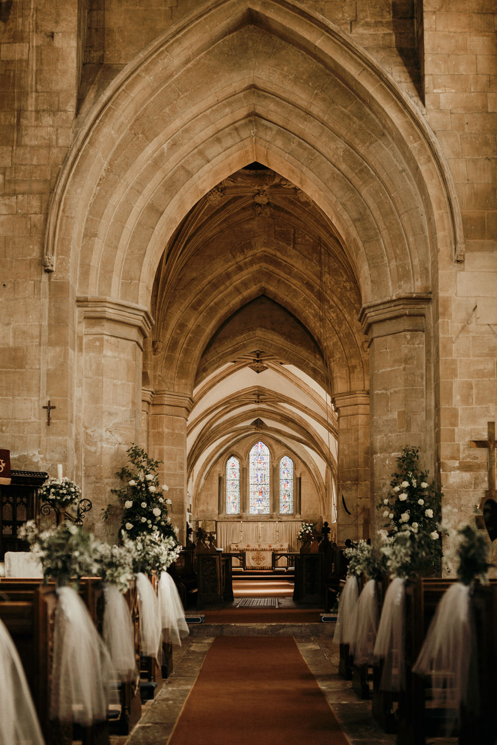 Aisle Pew Ends Voile Greenery White Flowers Floral Casterley Barn Wedding Stuart Dudleston Photography