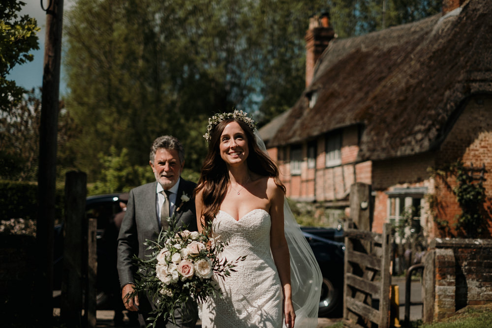 Bride Bridal Sweetheart Fit and Flare Dress Gown Greenery Wax Flower Crown Blanket Rose Bouquet Veil Casterley Barn Wedding Stuart Dudleston Photography