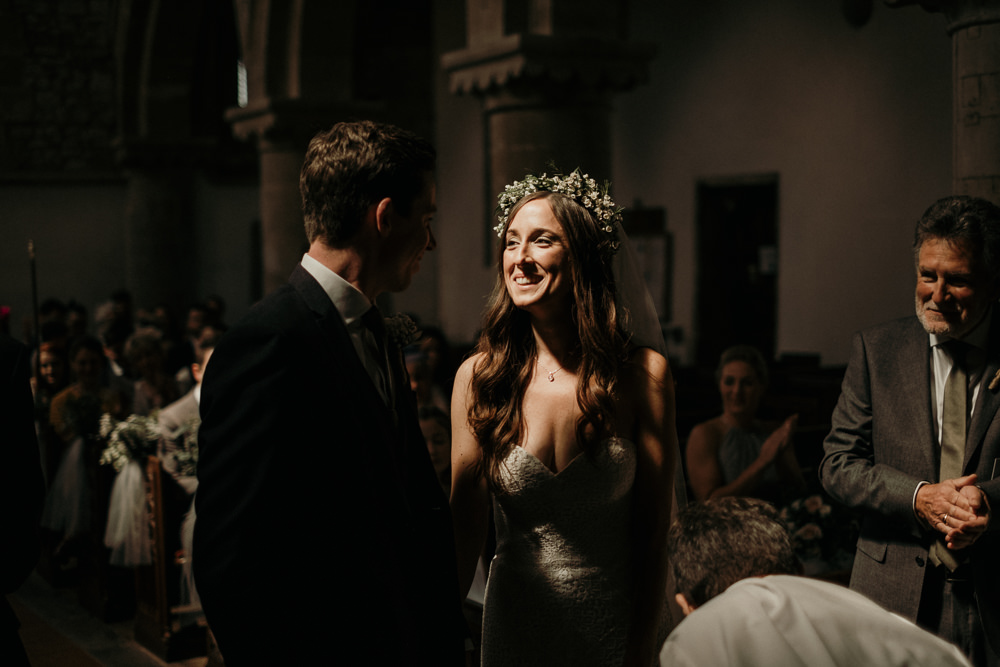 Bride Bridal Sweetheart Fit and Flare Dress Gown Greenery Wax Flower Crown Blanket Groom Casterley Barn Wedding Stuart Dudleston Photography