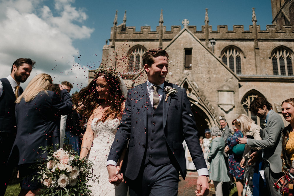 Bride Bridal Sweetheart Fit and Flare Dress Gown Greenery Wax Flower Crown Blanket Navy Three Piece Suit Groom Confetti Rose Bouquet Casterley Barn Wedding Stuart Dudleston Photography