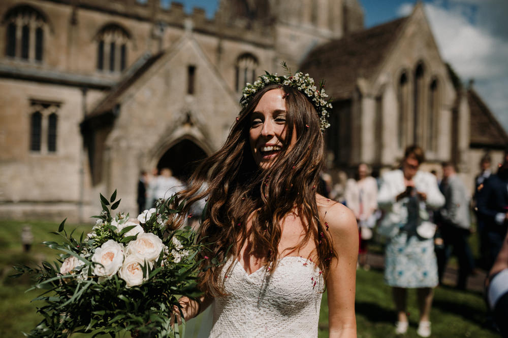 Bride Bridal Sweetheart Fit and Flare Dress Gown Greenery Wax Flower Crown Greenery Rose Bouquet Casterley Barn Wedding Stuart Dudleston Photography