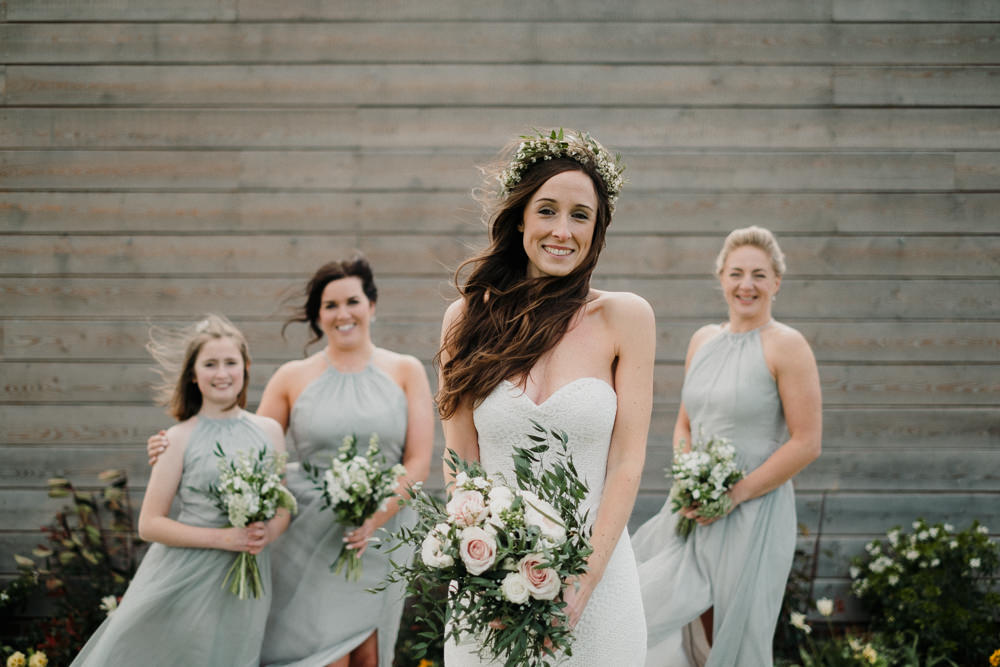 Bride Bridal Sweetheart Fit and Flare Dress Gown Greenery Wax Flower Crown Sage Halterneck Dress Casterley Barn Wedding Stuart Dudleston Photography