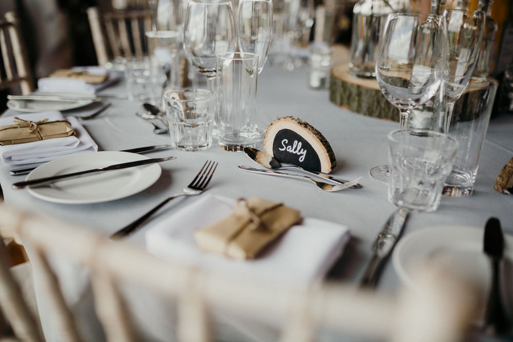Wood Slice Place Card Name Casterley Barn Wedding Stuart Dudleston Photography