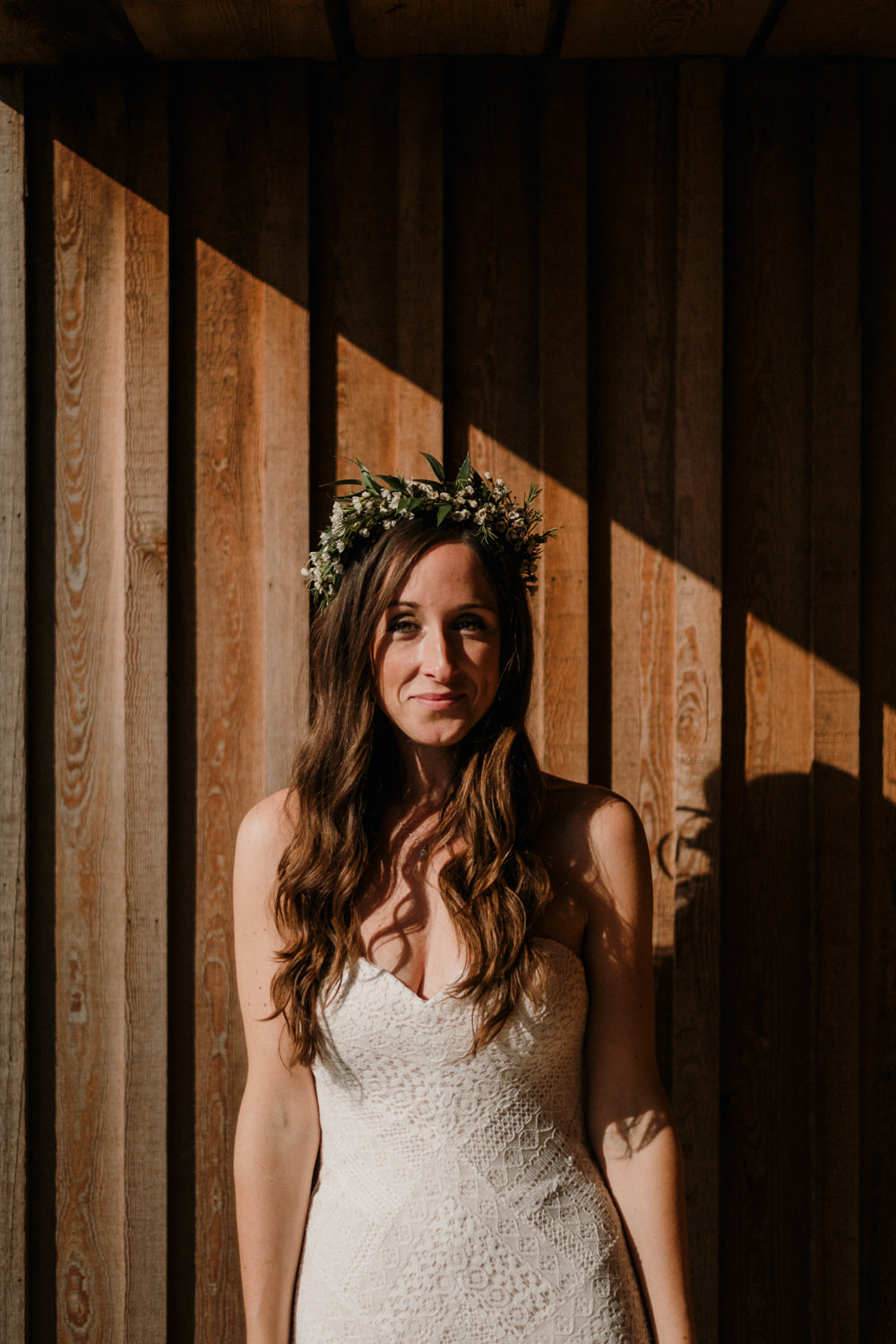 Bride Bridal Sweetheart Fit and Flare Dress Gown Greenery Wax Flower Crown Casterley Barn Wedding Stuart Dudleston Photography