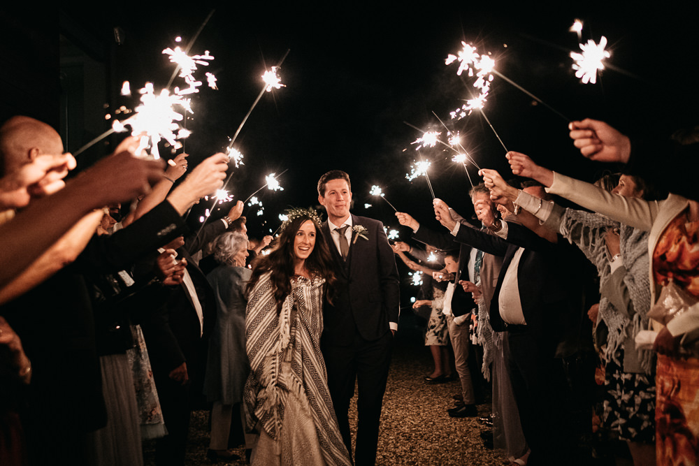 Bride Bridal Sweetheart Fit and Flare Dress Gown Greenery Wax Flower Crown Blanket Sparkler Send OffCasterley Barn Wedding Stuart Dudleston Photography