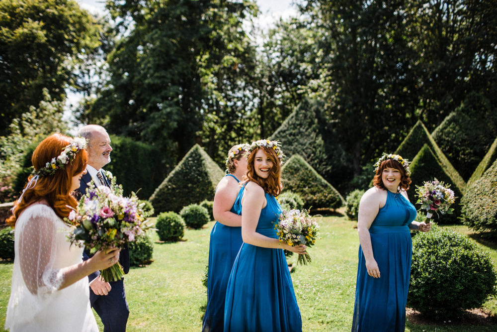 Bride Bridal Boho Cape Wedding Dress Gown Flower Crown Blue Halterneck Bridesmaids Chaucer Barn Wedding Through The Woods We Ran