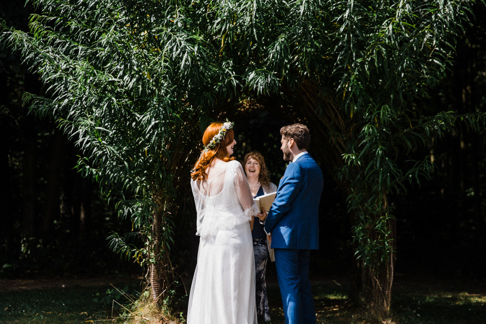 Bride Bridal Boho Cape Wedding Dress Gown Flower Crown Mrs Bow Tie Three Piece Suit Groom Chaucer Barn Wedding Through The Woods We Ran