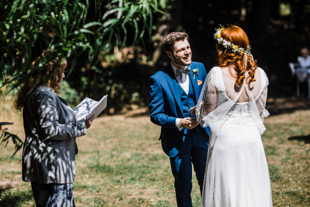 Bride Bridal Boho Cape Wedding Dress Gown Flower Crown Mrs Bow Tie Three Piece Suit Groom Chaucer Barn Wedding Through The Woods We Ran