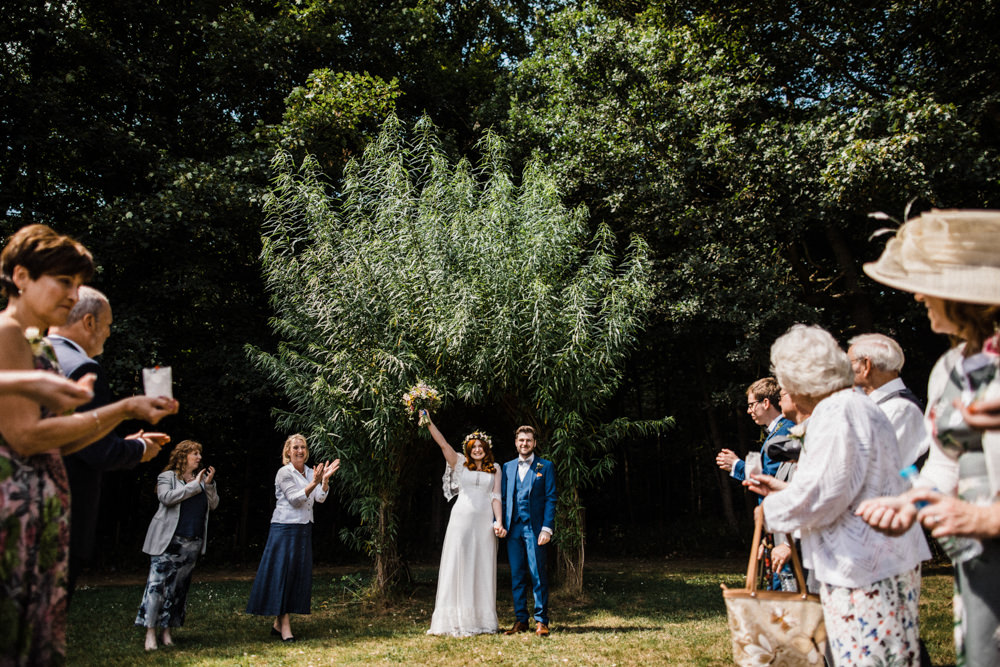 Bride Bridal Boho Cape Wedding Dress Gown Flower Crown Mrs Bow Tie Three Piece Suit Groom Chaucer Barn Wedding Through The Woods We Ran