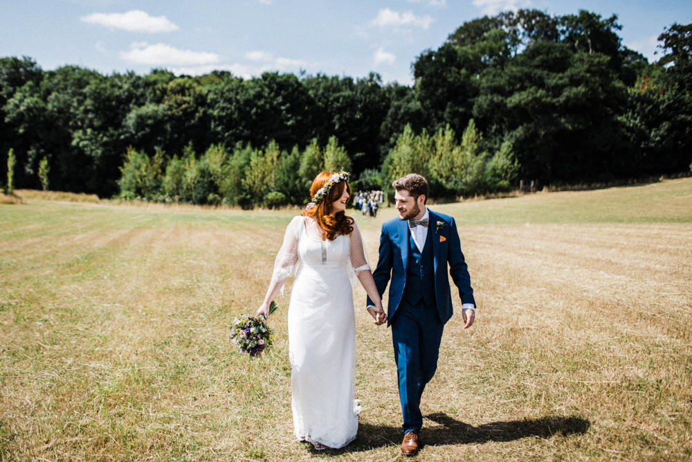 Bride Bridal Boho Cape Wedding Dress Gown Flower Crown Mrs Bow Tie Three Piece Suit Groom Chaucer Barn Wedding Through The Woods We Ran