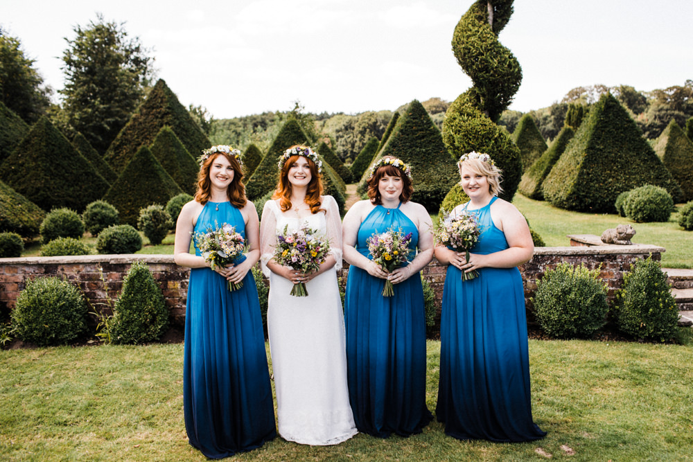 Bride Bridal Boho Cape Wedding Dress Gown Flower Crown Blue Halterneck Ombre Bridesmaids Chaucer Barn Wedding Through The Woods We Ran