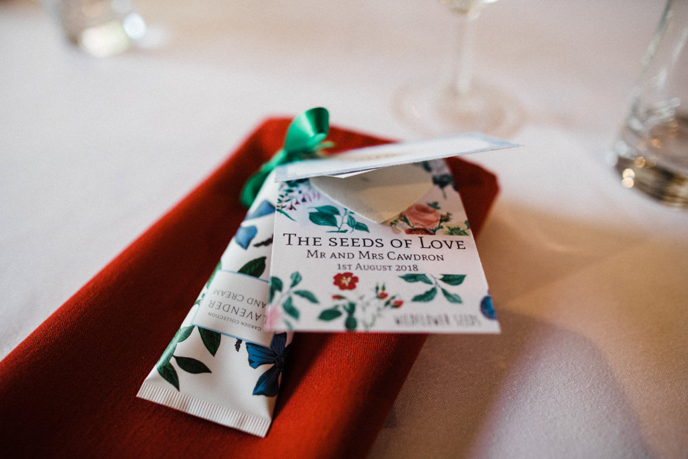 Seeds of Love Favour Hand Cream Place Setting Chaucer Barn Wedding Through The Woods We Ran