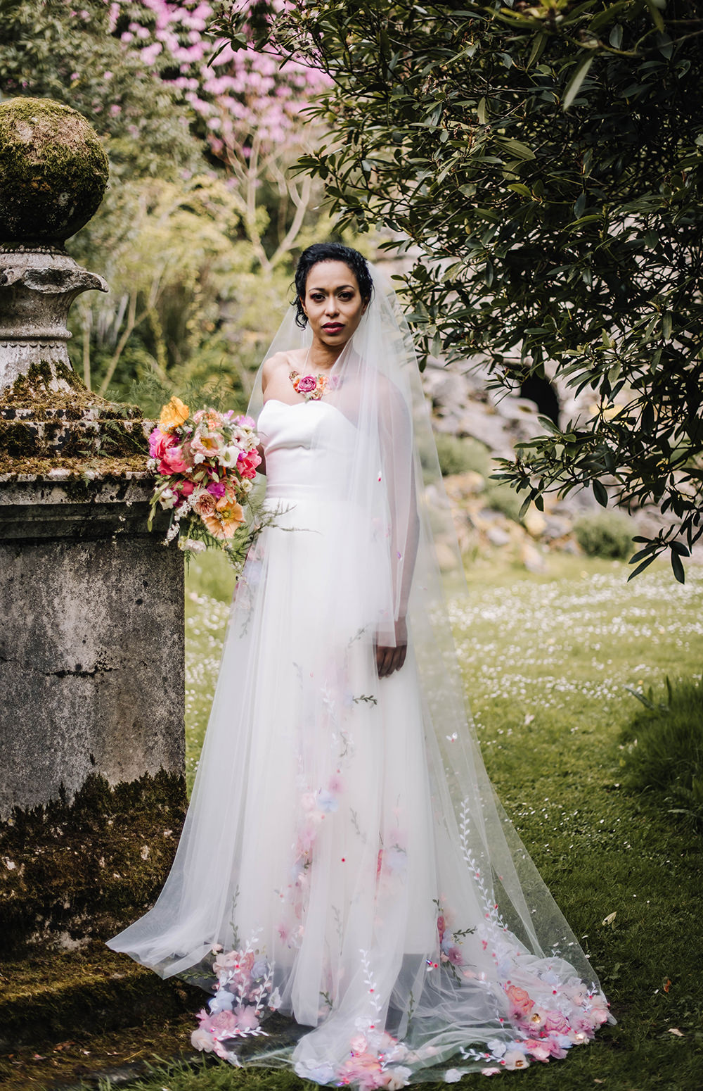 Bride Bridal Dress Gown Veil Embroidered Flowers Strapless Coral Floral Wedding Ideas Birgitta Zoutman Photography