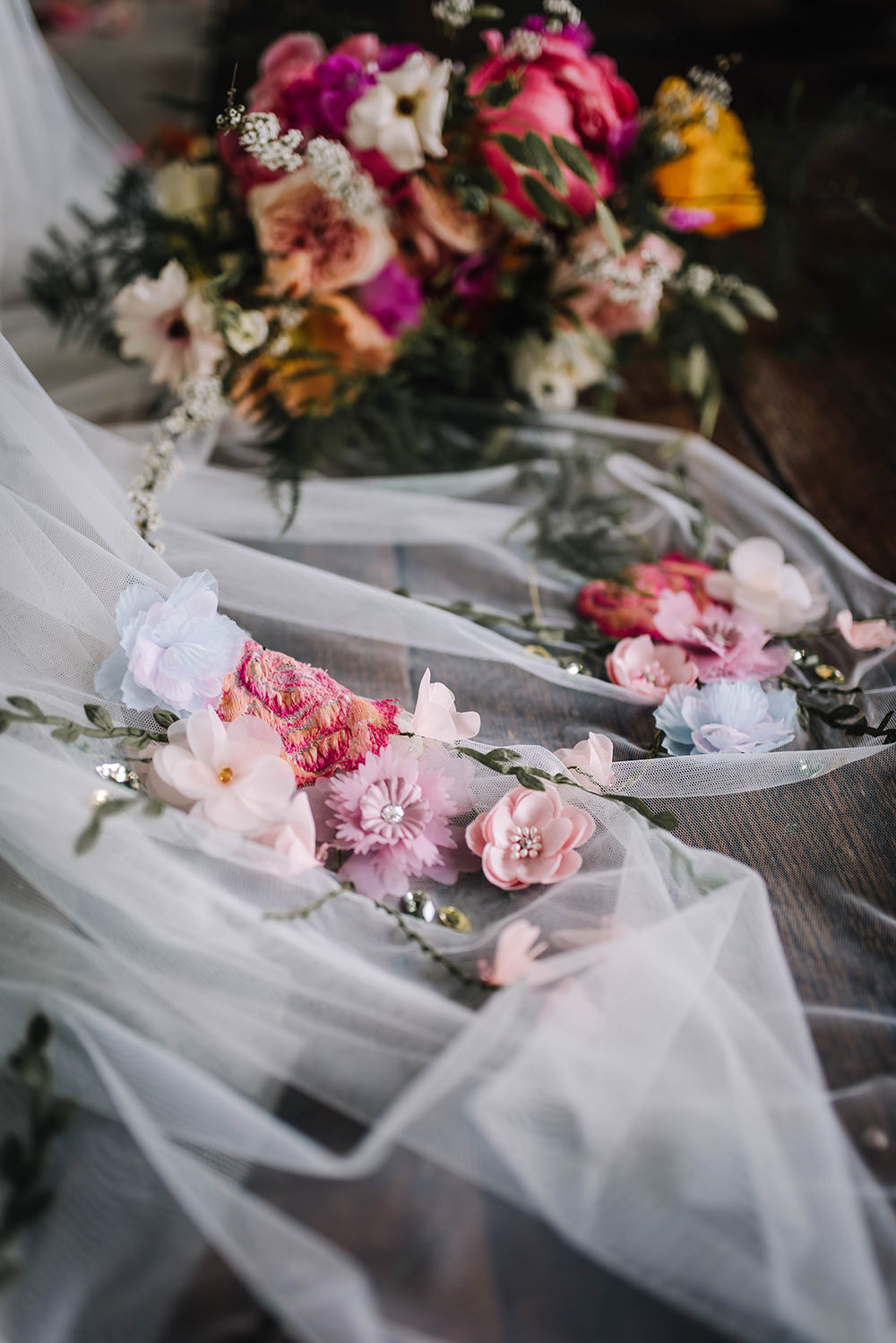 Bride Bridal Veil Embroidered Flowers Coral Floral Wedding Ideas Birgitta Zoutman Photography