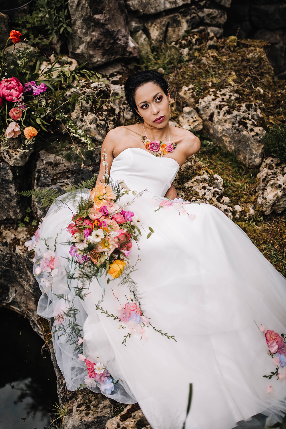 Bride Bridal Dress Gown Veil Embroidered Flowers Strapless Coral Floral Wedding Ideas Birgitta Zoutman Photography