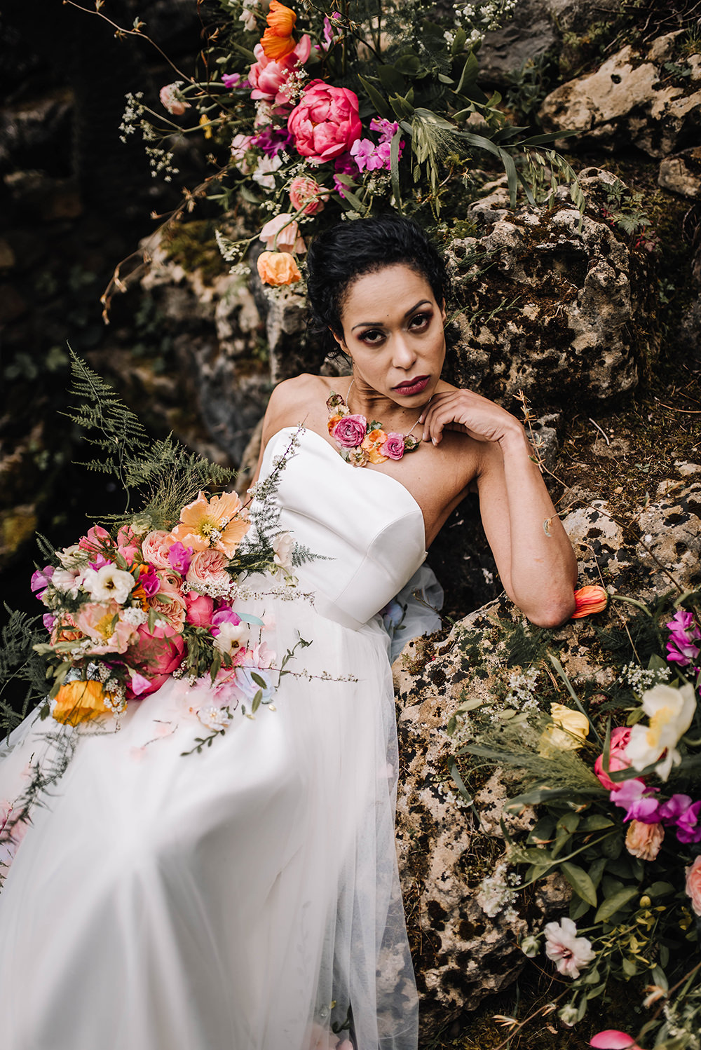 Bride Bridal Dress Gown Veil Embroidered Flowers Strapless Coral Floral Wedding Ideas Birgitta Zoutman Photography