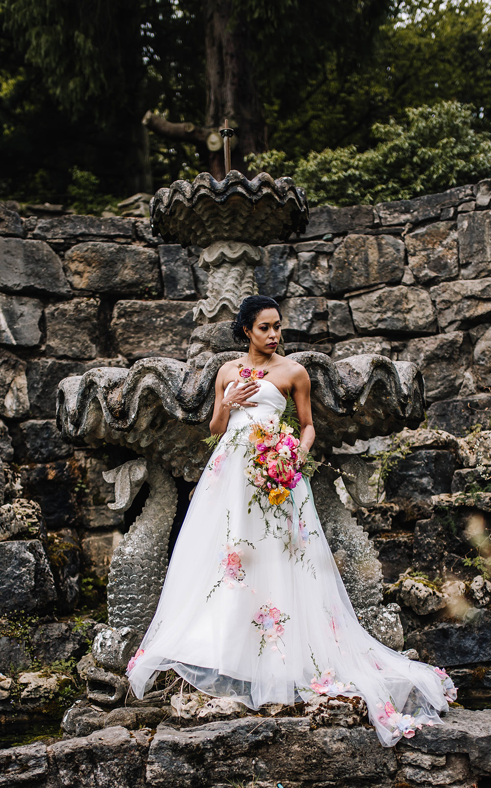 Bride Bridal Dress Gown Veil Embroidered Flowers Strapless Coral Floral Wedding Ideas Birgitta Zoutman Photography