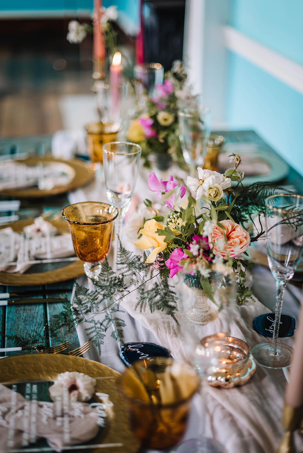 Table Tablescape Decor Decoration Flowers Candles Silk Runner Gold Coral Floral Wedding Ideas Birgitta Zoutman Photography