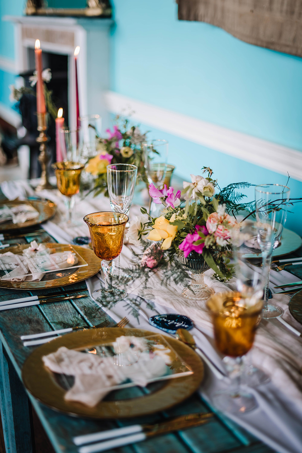 Table Tablescape Decor Decoration Flowers Candles Silk Runner Gold Coral Floral Wedding Ideas Birgitta Zoutman Photography
