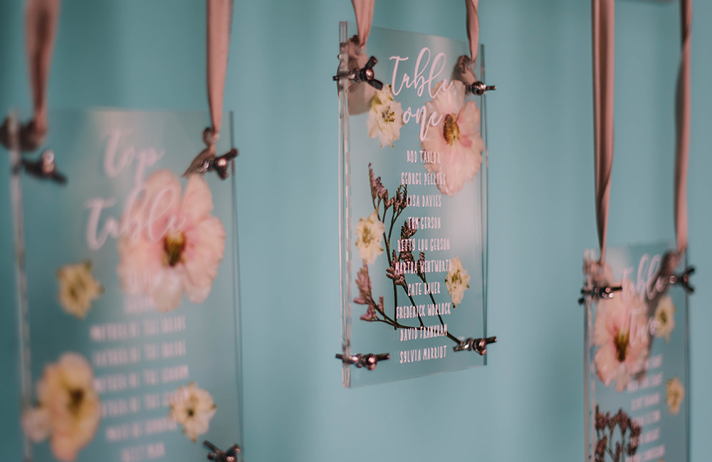 Seating Plan Table Chart Flowers Clear Perspex Acrylic Glass Coral Floral Wedding Ideas Birgitta Zoutman Photography