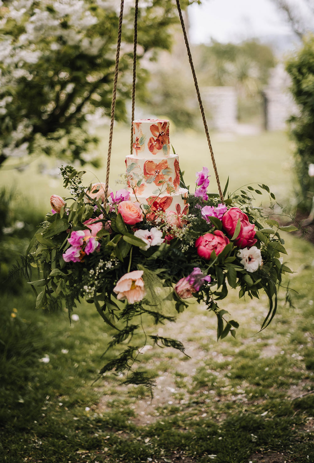 Cake Table Suspended Hanging Swing Flowers Grenery Pink Coral Floral Wedding Ideas Birgitta Zoutman Photography