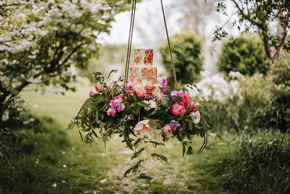 Cake Table Suspended Hanging Swing Flowers Grenery Pink Coral Floral Wedding Ideas Birgitta Zoutman Photography