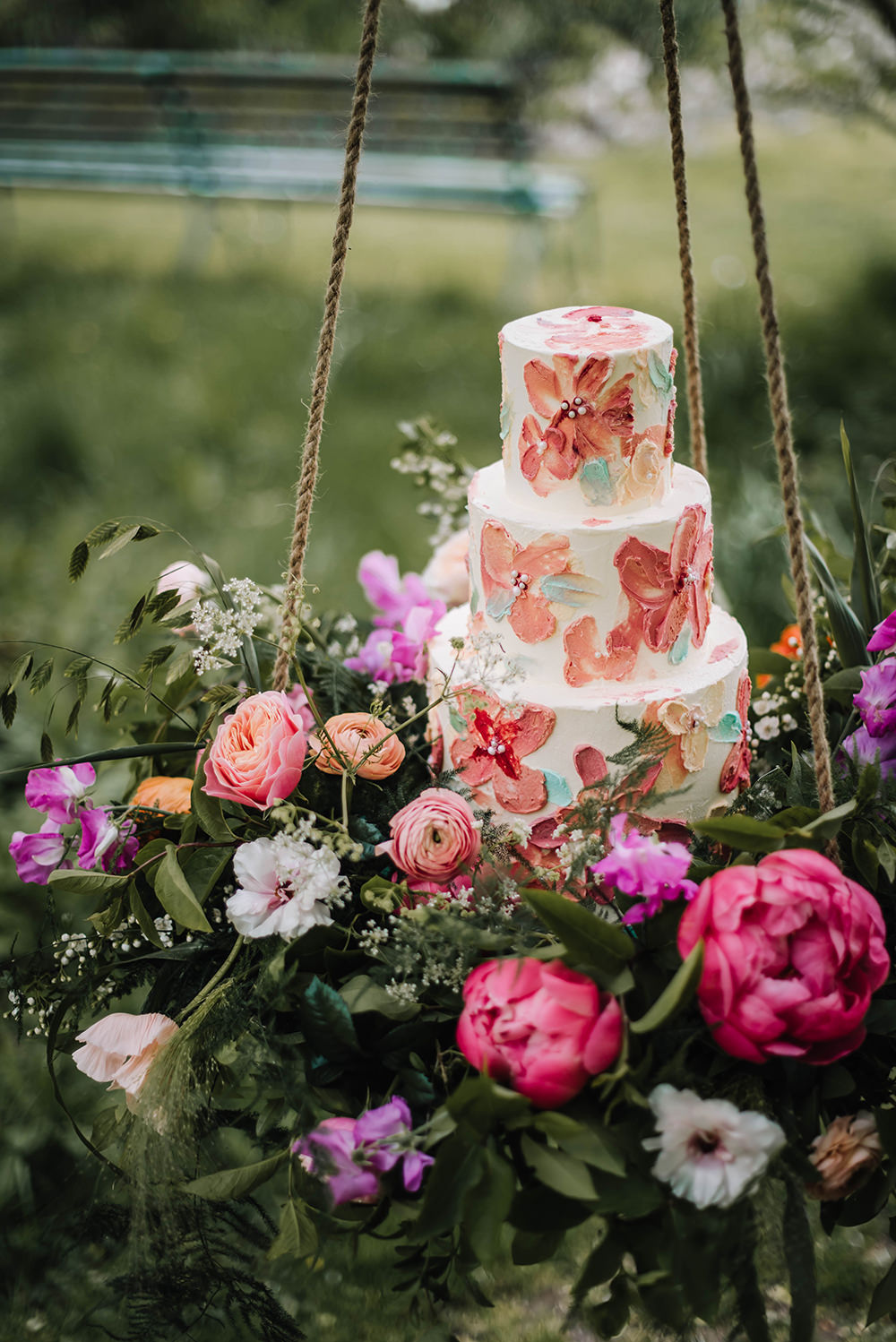 Cake Table Suspended Hanging Swing Flowers Grenery Pink Coral Floral Wedding Ideas Birgitta Zoutman Photography
