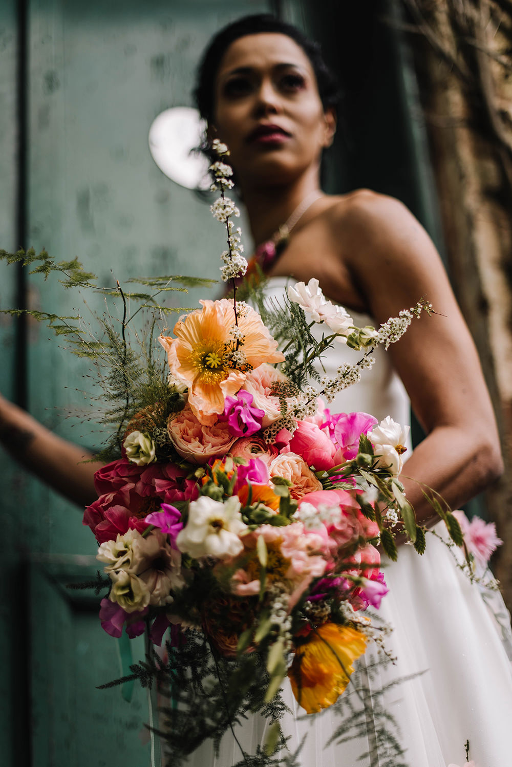 Bouquet Flowers Bride Bridal Pink Poppy Rose Foliage Greenery Orange Coral Floral Wedding Ideas Birgitta Zoutman Photography