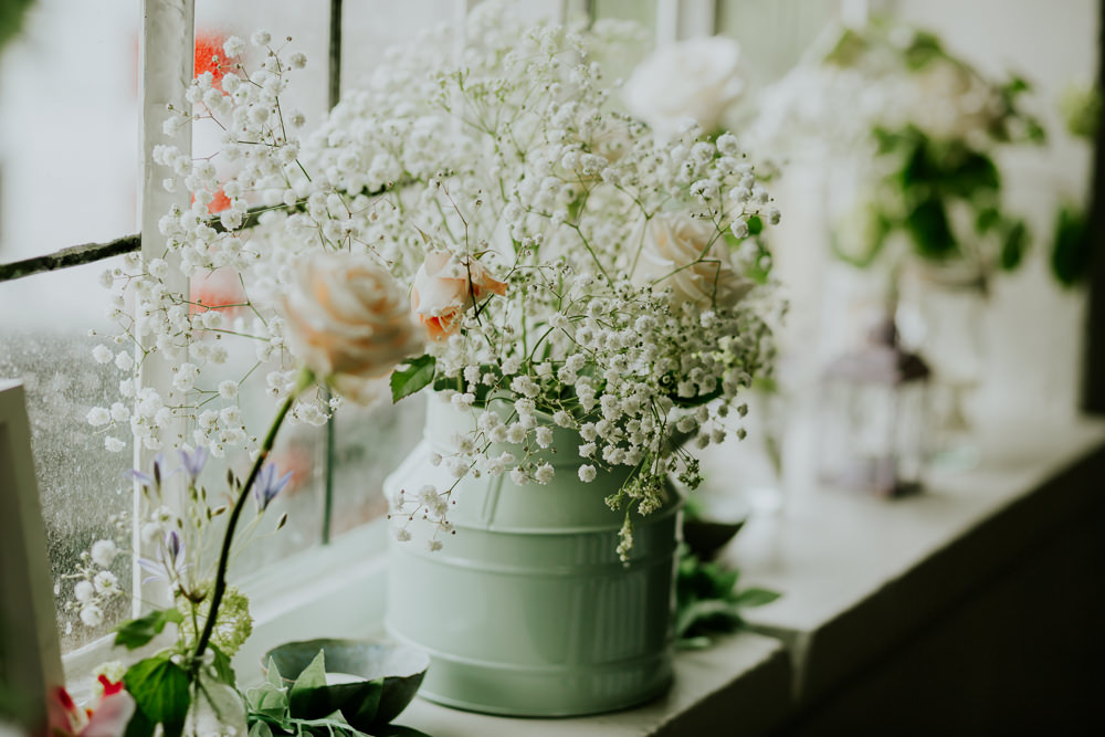 Milk Churn Flowers Gypsophila DIY Village Hall Wedding PhotoBart