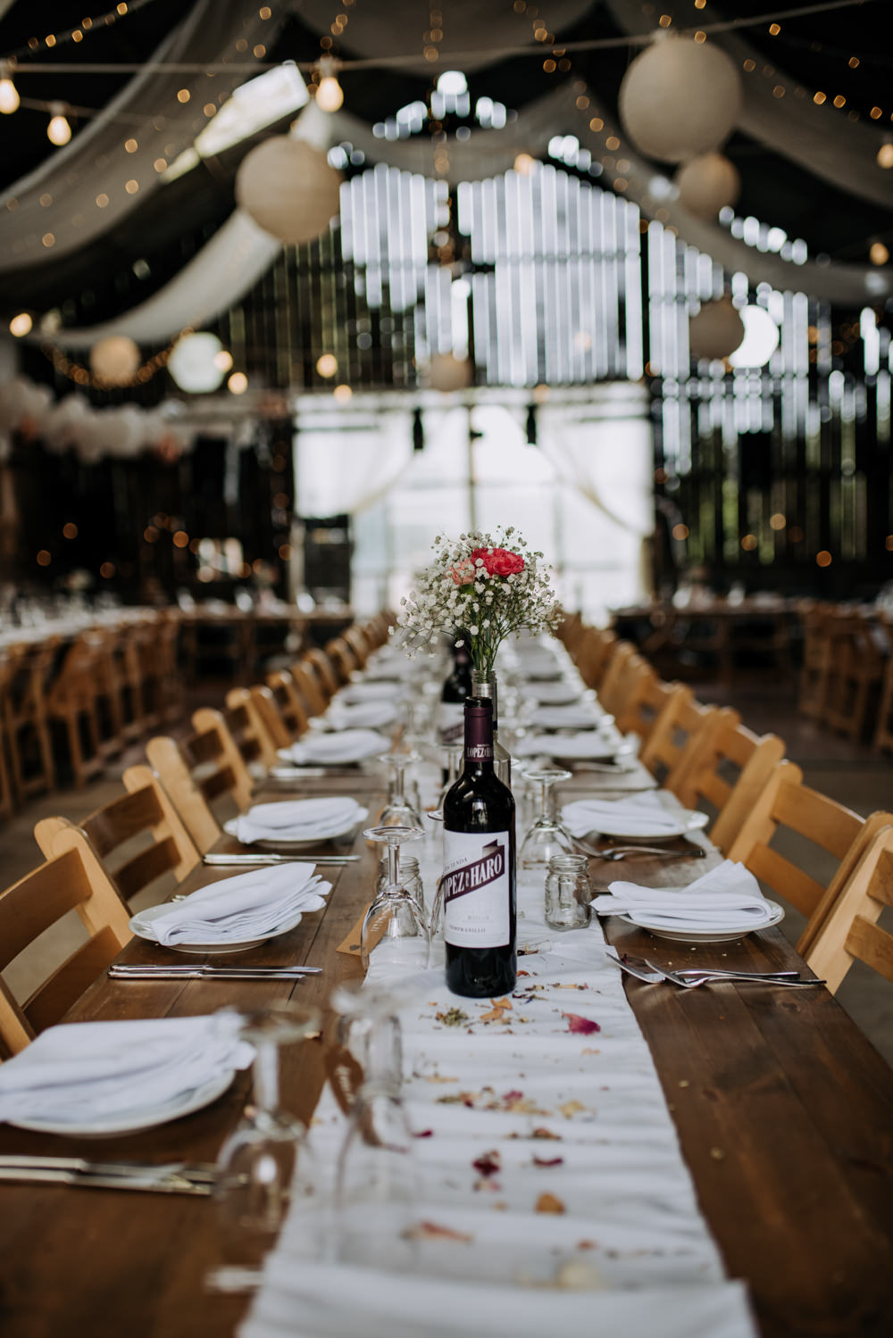 Long Tables Barn Lanterns Decor Decoration Bottle Flowers Petals Deepdale Farm Wedding Kazooieloki Photography