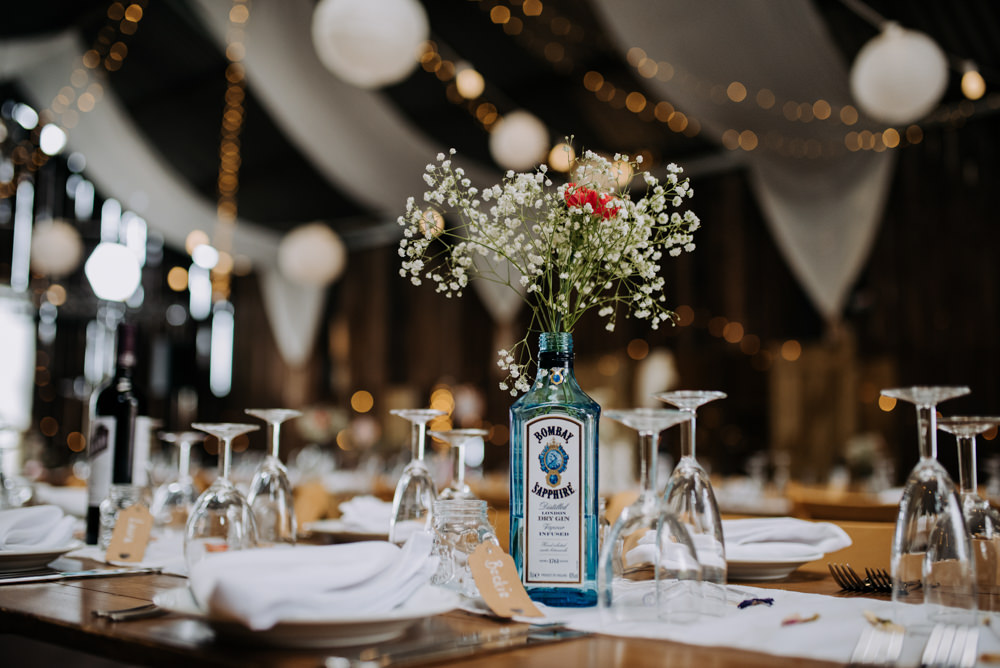 Gin Bottle Flowers Decor Centrepiece Deepdale Farm Wedding Kazooieloki Photography