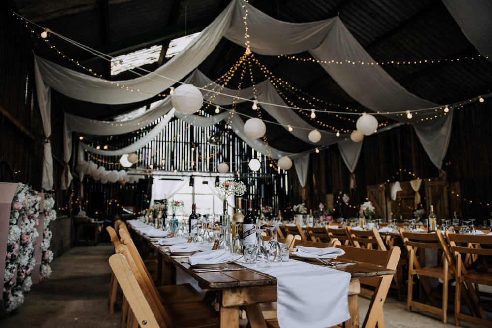Barn Lanterns Drapes Decor Decoration Fabric Deepdale Farm Wedding Kazooieloki Photography