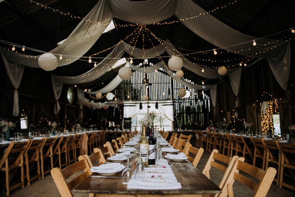 Long Tables Barn Lanterns Decor Decoration Bottle Flowers Petals Deepdale Farm Wedding Kazooieloki Photography