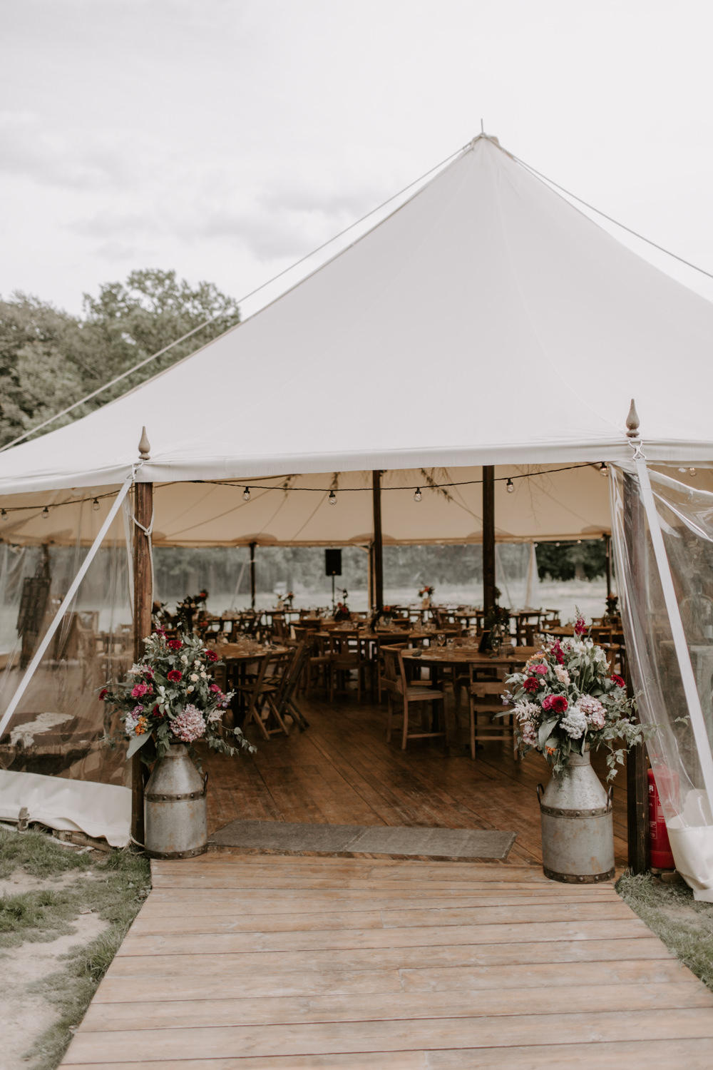 Pole Tent Marquee Flowers Milk Churns Dreys Wedding Grace & Mitch Photo & Film