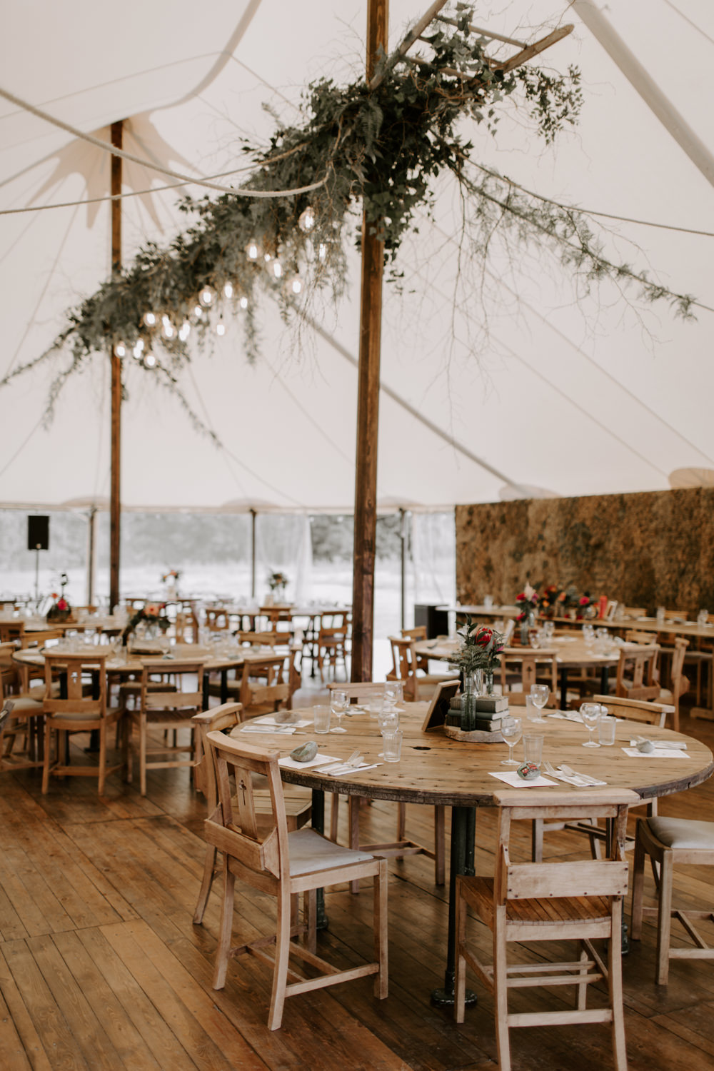Pole Tent Marquee Rustic Decor Foliage Greenery Suspended Ceiling Festoon Lights Edison Bulbs Dreys Wedding Grace & Mitch Photo & Film