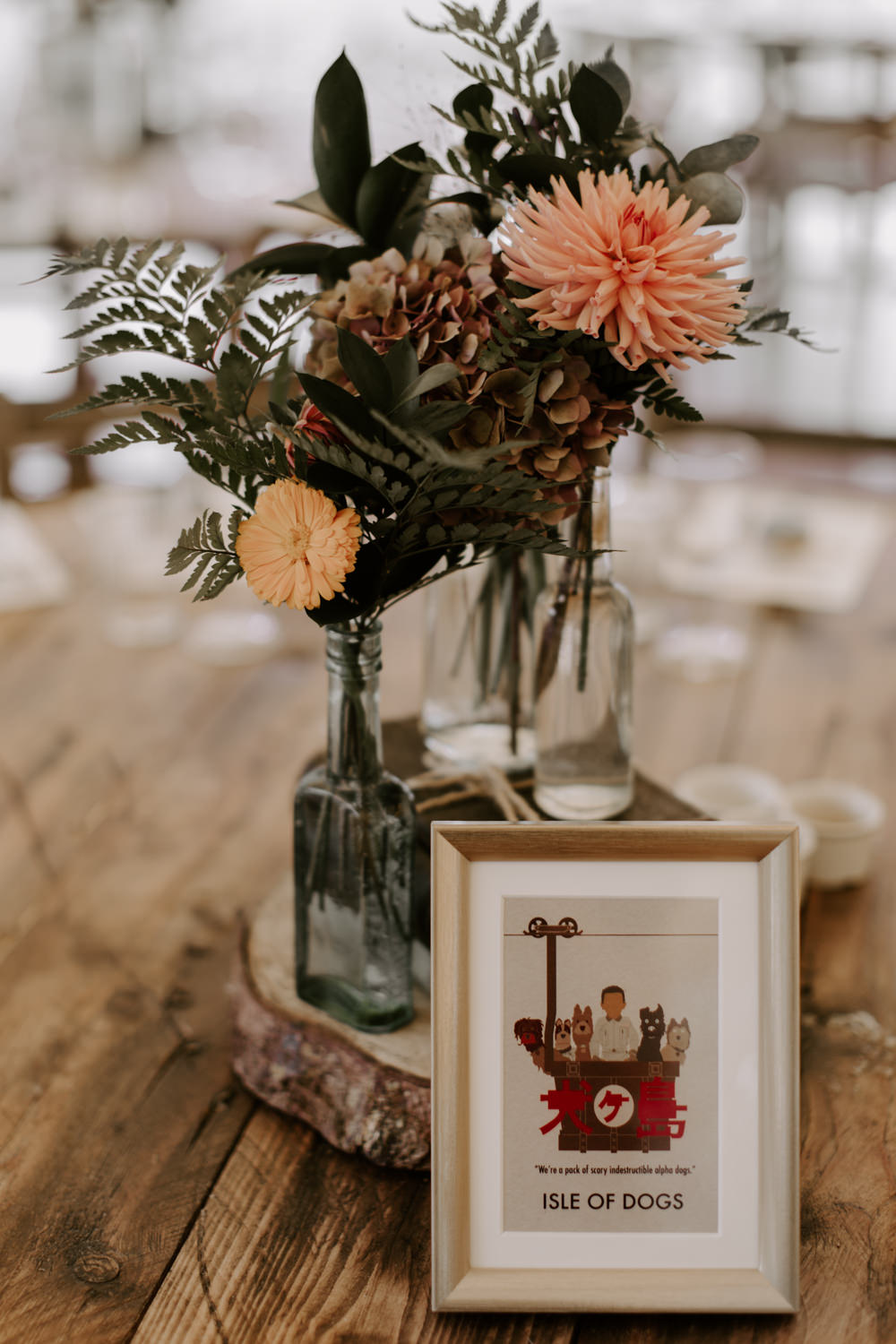 Table Flowers Centrpiece Dahlias Bottles Log Slice Dreys Wedding Grace & Mitch Photo & Film