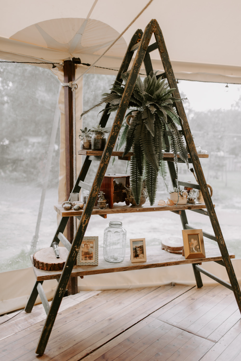 Wooden Ladder Decor Flowers Fern House Plant Dreys Wedding Grace & Mitch Photo & Film