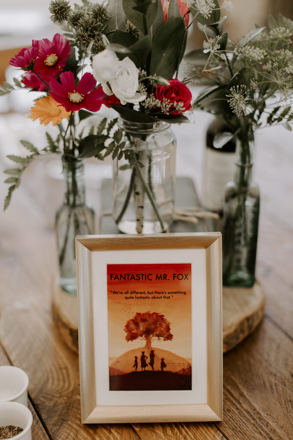 Table Name Frame Table Flowers Centrpiece Dahlias Bottles Log Slice Dreys Wedding Grace & Mitch Photo & Film