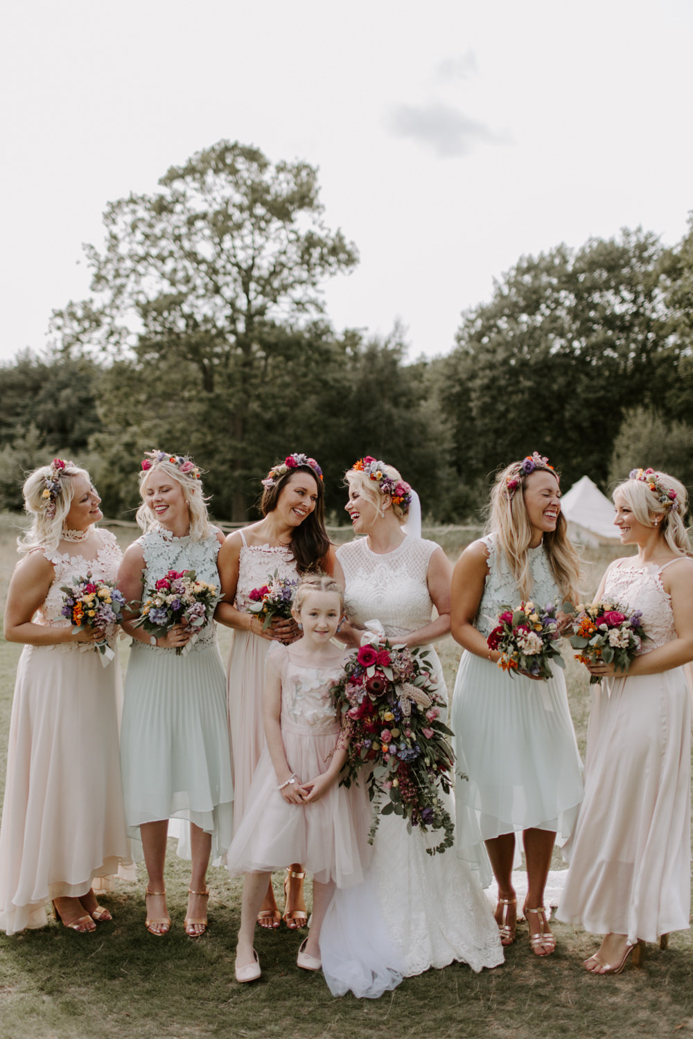 Bridesmaids Bridesmaid Dress Dresses Flower Crowns Pastel Pink Green Dreys Wedding Grace & Mitch Photo & Film