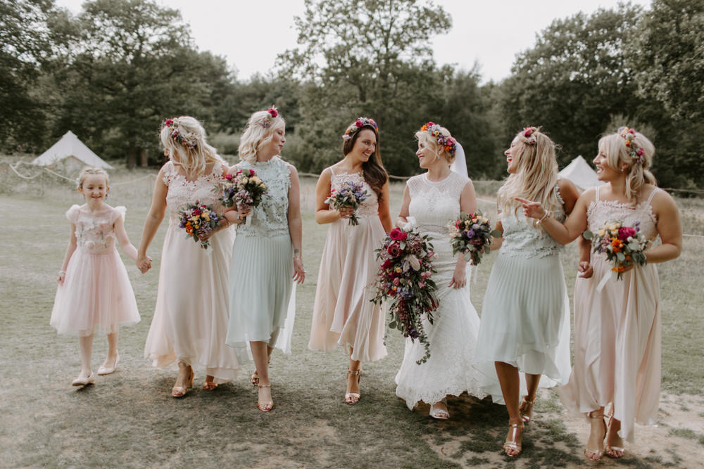 Bridesmaids Bridesmaid Dress Dresses Flower Crowns Pastel Pink Green Dreys Wedding Grace & Mitch Photo & Film