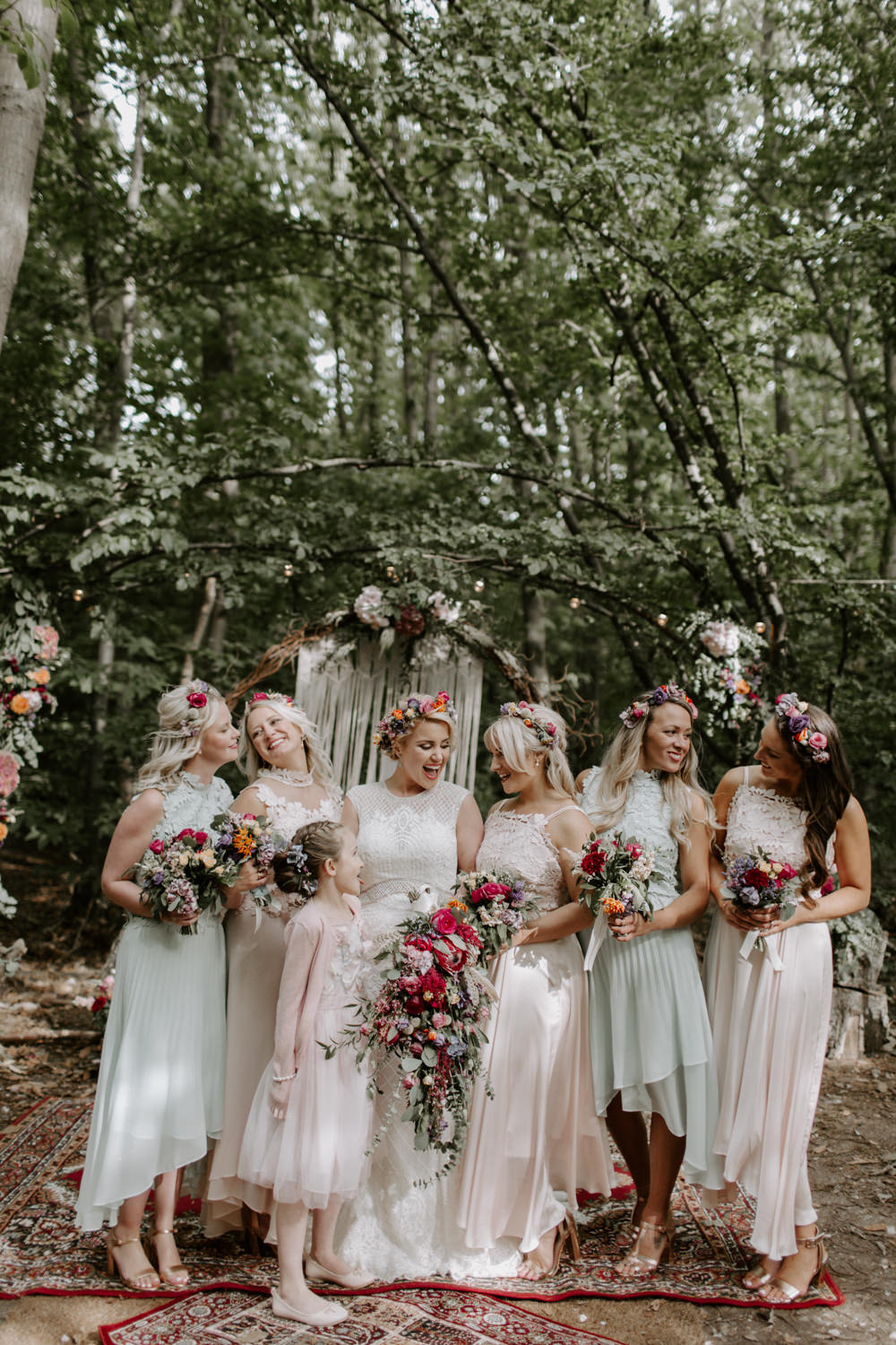 Bridesmaids Bridesmaid Dress Dresses Flower Crowns Pastel Pink Green Dreys Wedding Grace & Mitch Photo & Film