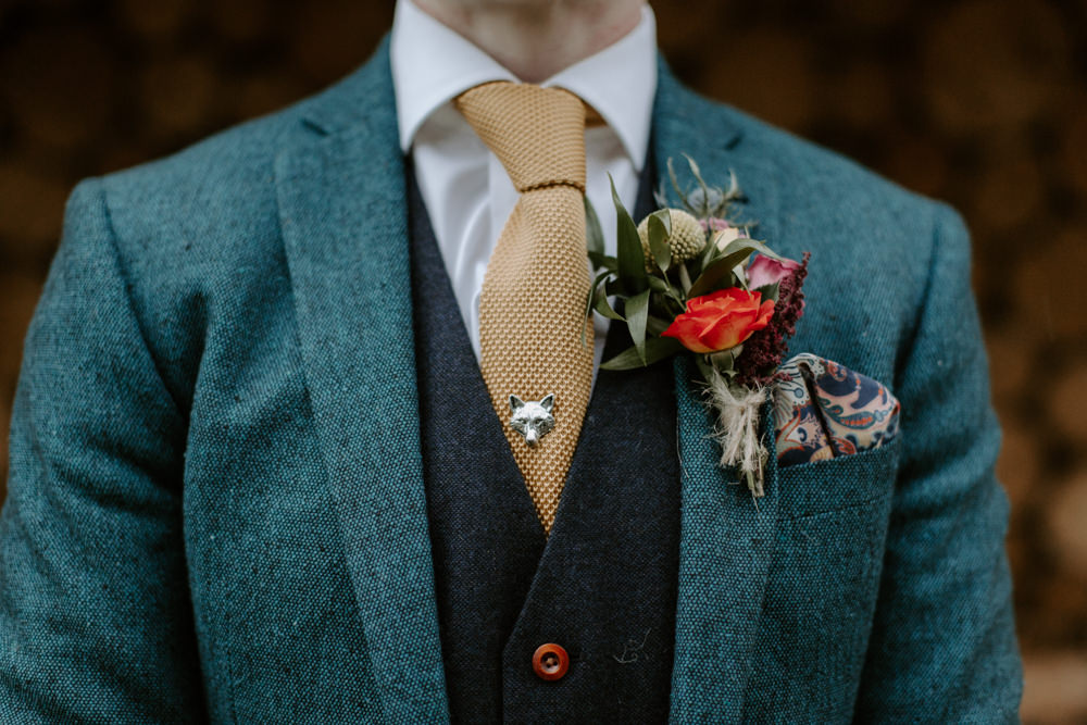 Groom Groomsmen Suit Tan Shoes Mustard Yellow Ties Fox Pin Buttonhole Flowers Dreys Wedding Grace & Mitch Photo & Film